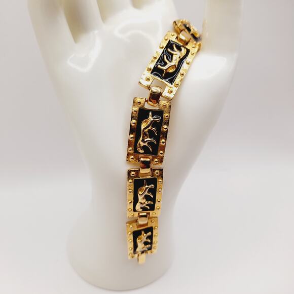 Vintage Black Enamel Gold Tone Animal Link Bracelet 8 Inch Fold Over Clasp - Picture 3 of 9